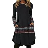 Tunic Dress for Women Casual Crew Neck Long Sleeve Vintage Printed T Shirt Dress Comfy Loose Swing Midi Dress Trendy Pullover Size L A03 Grey