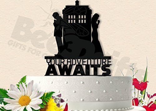 Police Call Box Couple Wedding Anniversary Baby Shower 'Adventure Awaits' Cake Topper