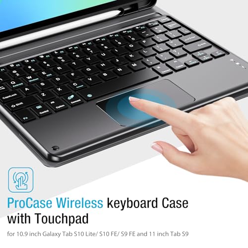 ProCase Touchpad Keyboard Case for Galaxy Tab S10 Lite/ S10 FE/ S9 FE 10.9-Inch and S9 11", with Built-in Touchpad and Pencil Slot, Detachable Wireless Type-C Charging Keyboard Folio Cover -Black