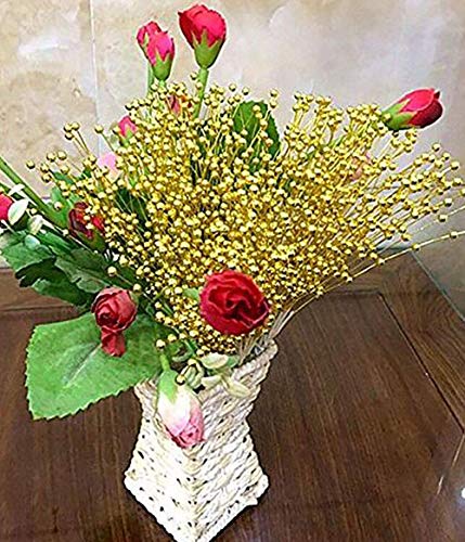 Fodattm 100 Stems Imitation Pearl Sticks Beaded String for Crafts Spray Beads Wire Stems DIY Accessories Christmas Garland Wedding Bridal Flower Bouquet Party Table Decor (Gold)