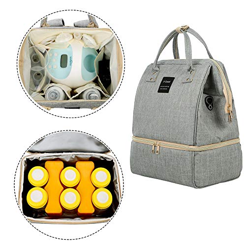 Breast Pump Backpack - Cooler and Moistureproof Bag Double Layer for Mother Baby Bottle Breast Milk Pump Breastfeeding Outdoor Working Backpack with USB Charging Port, Large (Grey)