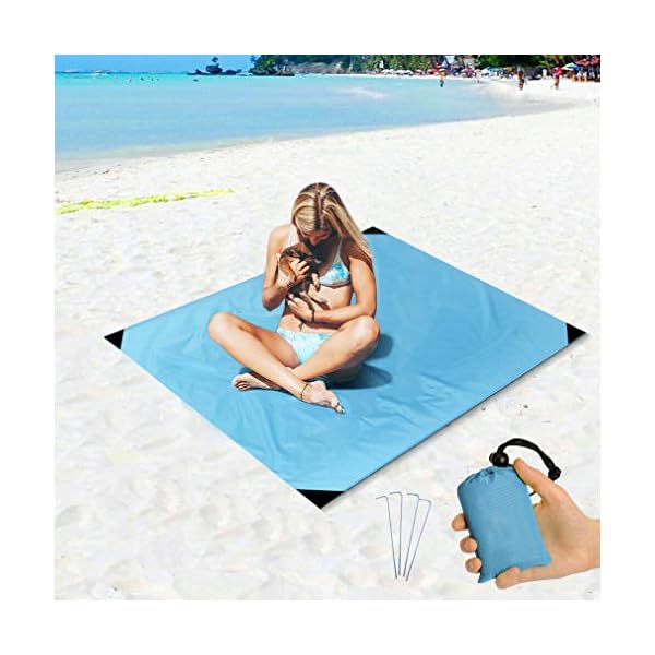 Beach Blanket Sand Proof and Waterproof Pocket Sized Picnic Mat 67" X 55" - Quick Drying Nylon - Best Outdoor Beach Mat for Camping, Travel, Hiking, Festival and Sports - 4 Ground Stakes Included