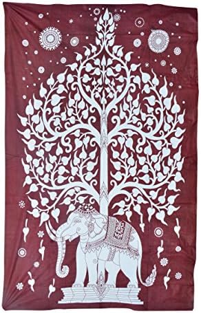 Antiquia Handprinted Elephant Tree tapestry, Good Luck tapestry, Hippie Gypsy Wall Hanging, New Age Dorm Tapestry, Ethnic Wall Hanging(55" x 84")- Maroon Base