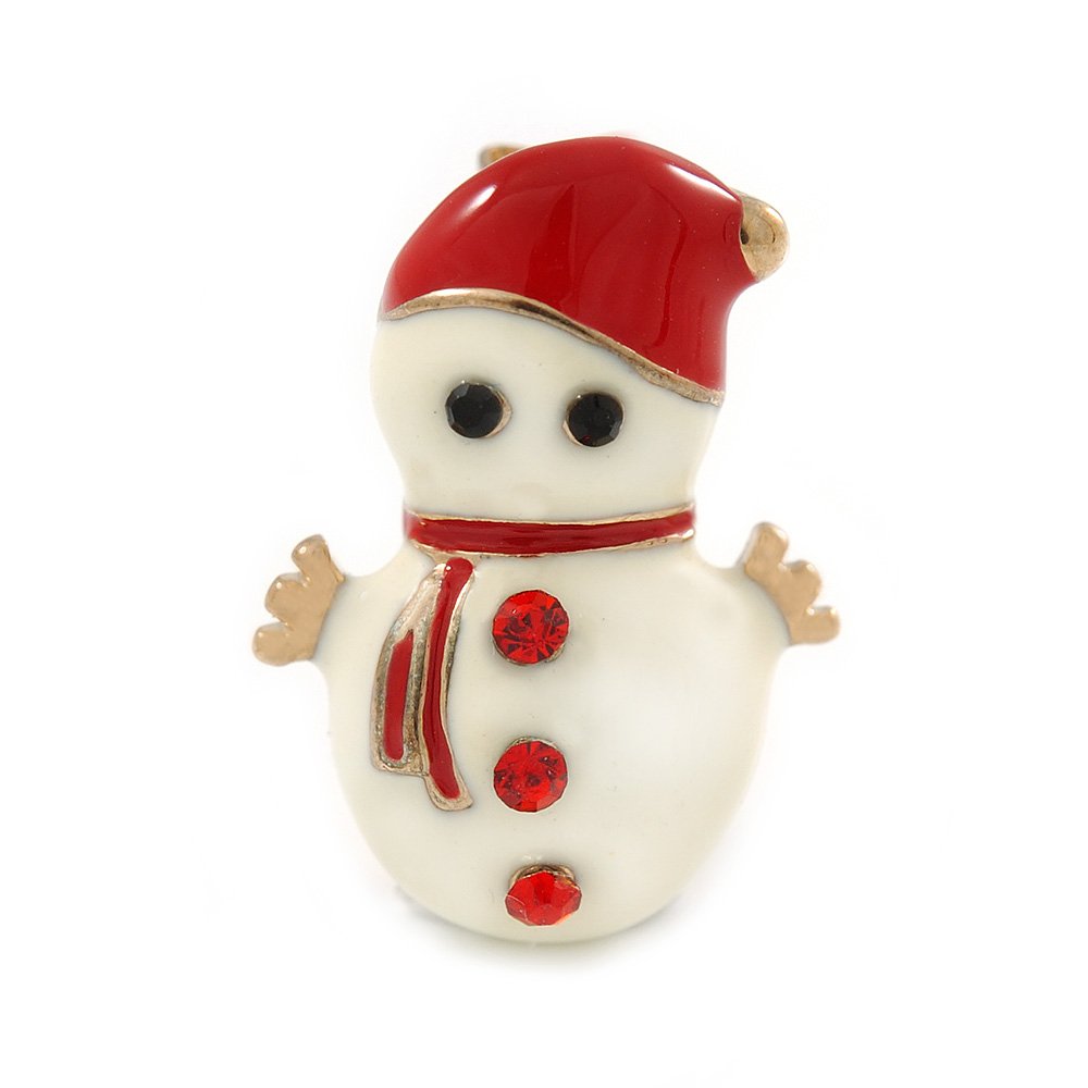 Tiny White/Red Enamel, Crystal Christmas Snowman Brooch In Gold Tone - 20mm L