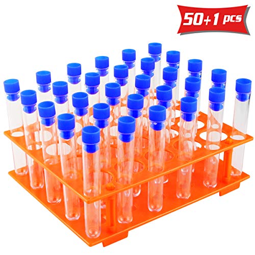 UPlama 50 Pack Clear Plastic Test Tubes with Blue Caps,16x100mm Test Tube Holder Set with Caps and 1 Pack Orange Plastic Test Tube Rack for Science Experiment Party Decoration Birthday Party