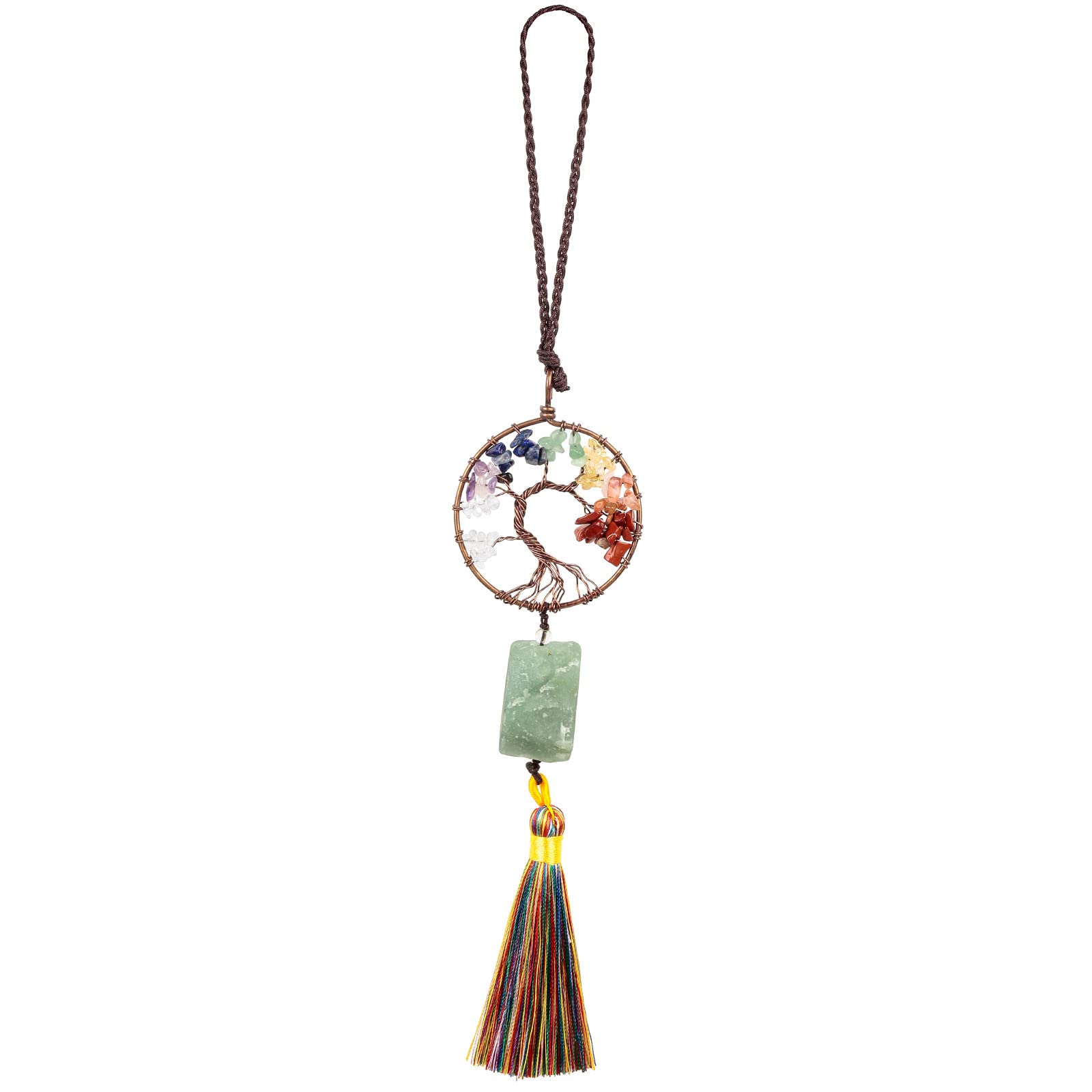 Nupuyai Green Aventurine Tree of Life Tassel Hanging Ornament, Reiki Healing Irregular Raw Stone Feng Shui Crystals Good Luck Car Home Office Decor