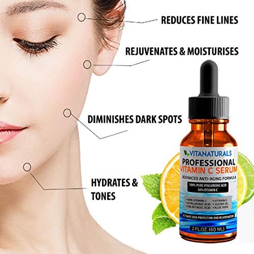Vitanaturals professional 30% Vitamin C Face & Neck Serum with Hyaluronic Acid Retinoic Acid Vitamin E Jojoba Oil & Aloe Vera 60ml