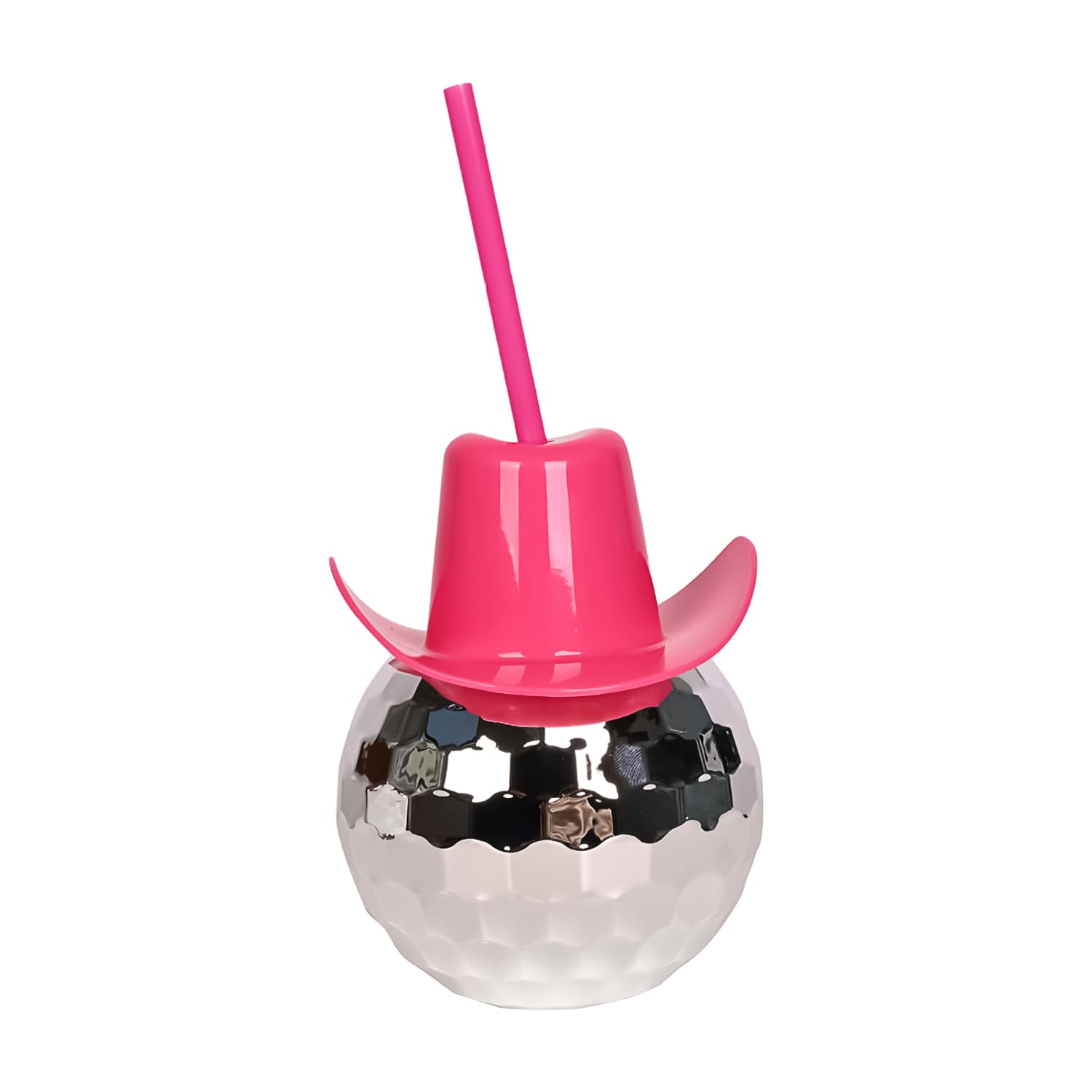 MEISH Reusable Disco Ball Cups Pink Cowgirl Hat Mirror Party Cup with Straws Sparkly Glitter Reusable Disco Ball Cups Cocktail Wine Cup for Party Supplies