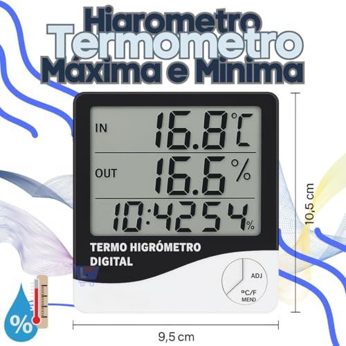 Termômetro Higrômetro Digital Alta Precisão, Medidor de Temperatura e Umidade do Ar Memória Máx/Mín Relógio Integrado Display LCD Fácil Leitura para Casa Freezer Aquário Chocadeira e Geladeira Premium