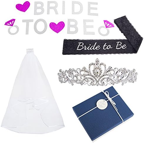 Bride to Be Bachelorette Party Decoration Kit -4 pcs Wedding Bridal Shower Set,Metal and Rhinestone Tiara ,Lace Embroidered Sash,Banner with Ribbon and Bridal Veil (black)
