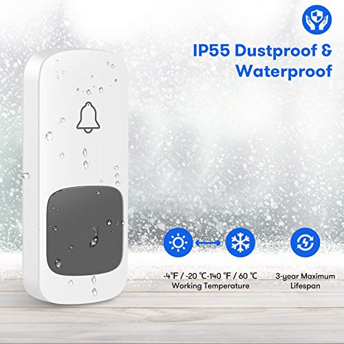 2021 Wireless Doorbell, Remote Door Bell Ringer Chimes Kit Operating Range at 1000 FT, ESMAVO Portable Doorbell with 1 Plug-in Receiver and 1 Waterproof Push Button, 58 Melodies & LED Flash