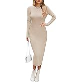 Wkior Women Long Sleeve Midi Dress Crewneck Bodycon Ribbed Knit Slim Sweater Dress 2025 Fall Trendy Outfits