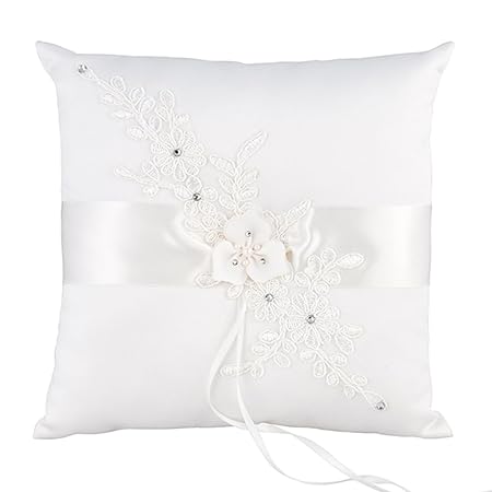 Ringkissen in Weiß für die Hochzeit, Kissen mit Blüten und Perlen Verzierungen für die Trauringe, quadratisch, 21 x 21 cm