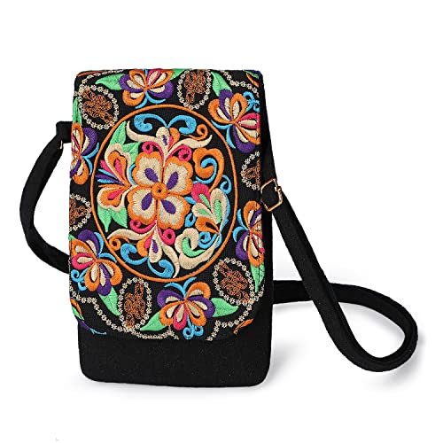 Women's Mini Mobile Phone Pouch.Boho Shoulder Bag.Hippie Hobo Handbag.Flower Embroidered Vintage Coin Purse For Girl (Ethnic Embroidery Flower)