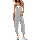 Fisoew Women's Summer Sleeveless Loose Casual V Neck Jumpsuits Spaghetti Strap Long Pants Baggy Overalls with Pockets