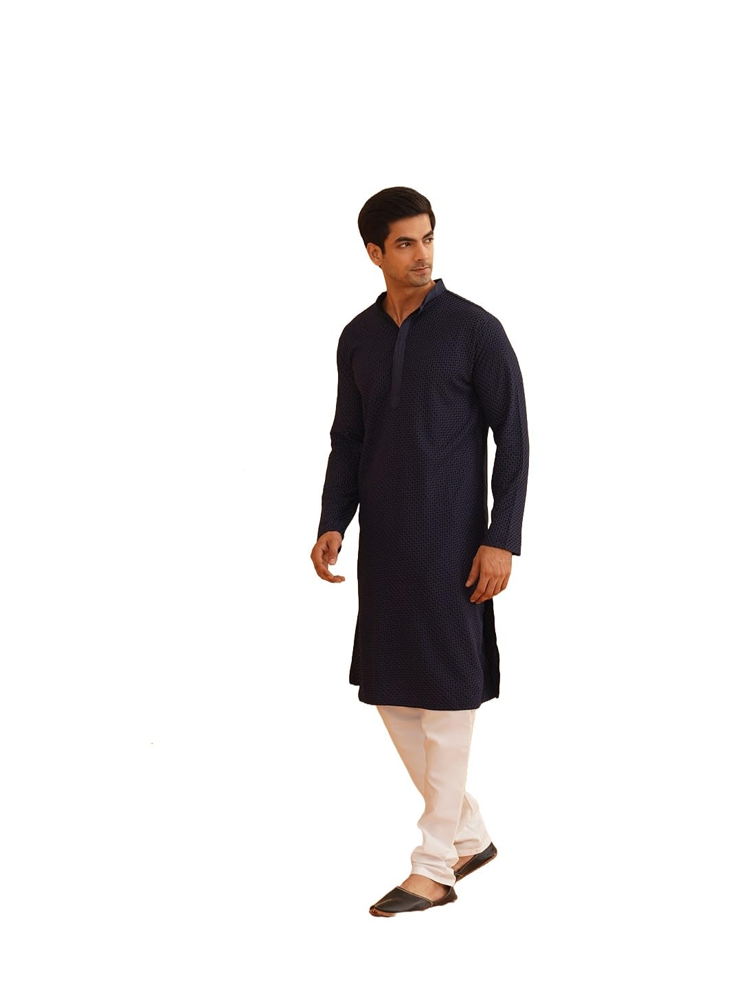 Photo 1 of Sojanya (Since 1958 Men'S Cotton Embroidered Thread Work Navy Kurta With White Churidar Pyjama
