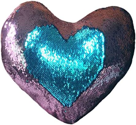 J-hong Mermaid Pillow with Pillow Insert, Two-Color Decorative Heart Shape Reversible Sequin Throw Pillow 13''×15'' (Sky Blue+Silver)