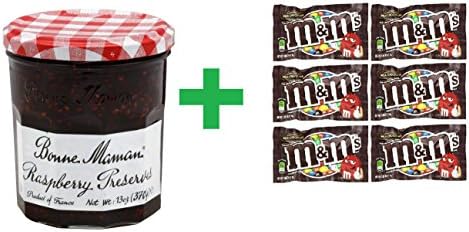Bonne Maman Raspberry Preserves 13 OZ (Pack of 6) + (6 Pack of M&M Milk Chocolate 1.69oz)