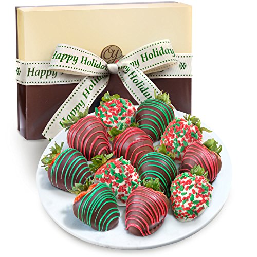 Golden State Fruit 12 Holly Jolly Christmas Chocolate Covered Strawberries with Happy Holidays Ribbon