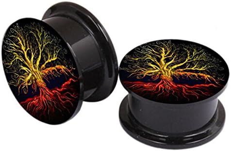 Peki Black Acrylic Screw Fit Tunnel Plugs with Life of Tree Front Gauges Piercing (4mm=6g)