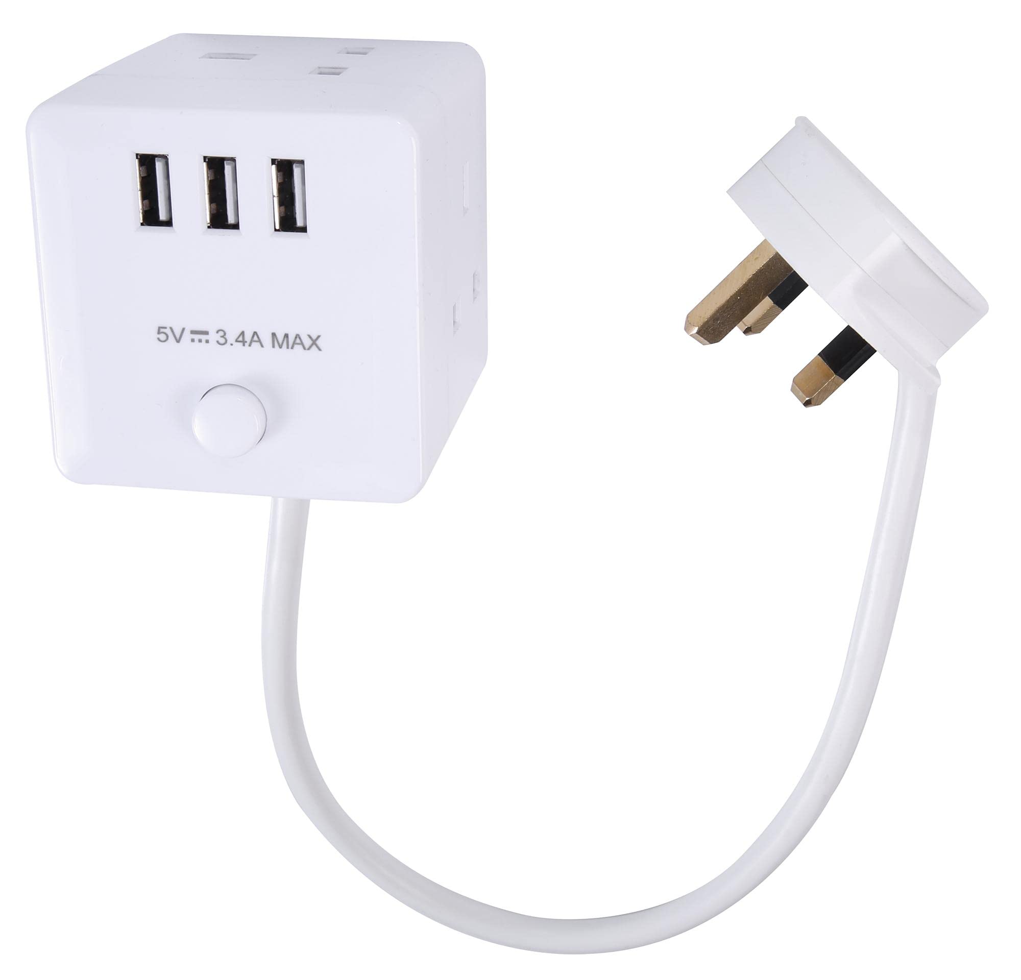 PRO ELEC PELB1480 – 3‑Gang Cube Mains Extension Lead with USB, 1 m, White