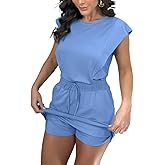 CHICME Women's 2 Piece Outfits Plain Short Sleeve Top and Casual Decor Drawstring Elastic Waist Skort Set
