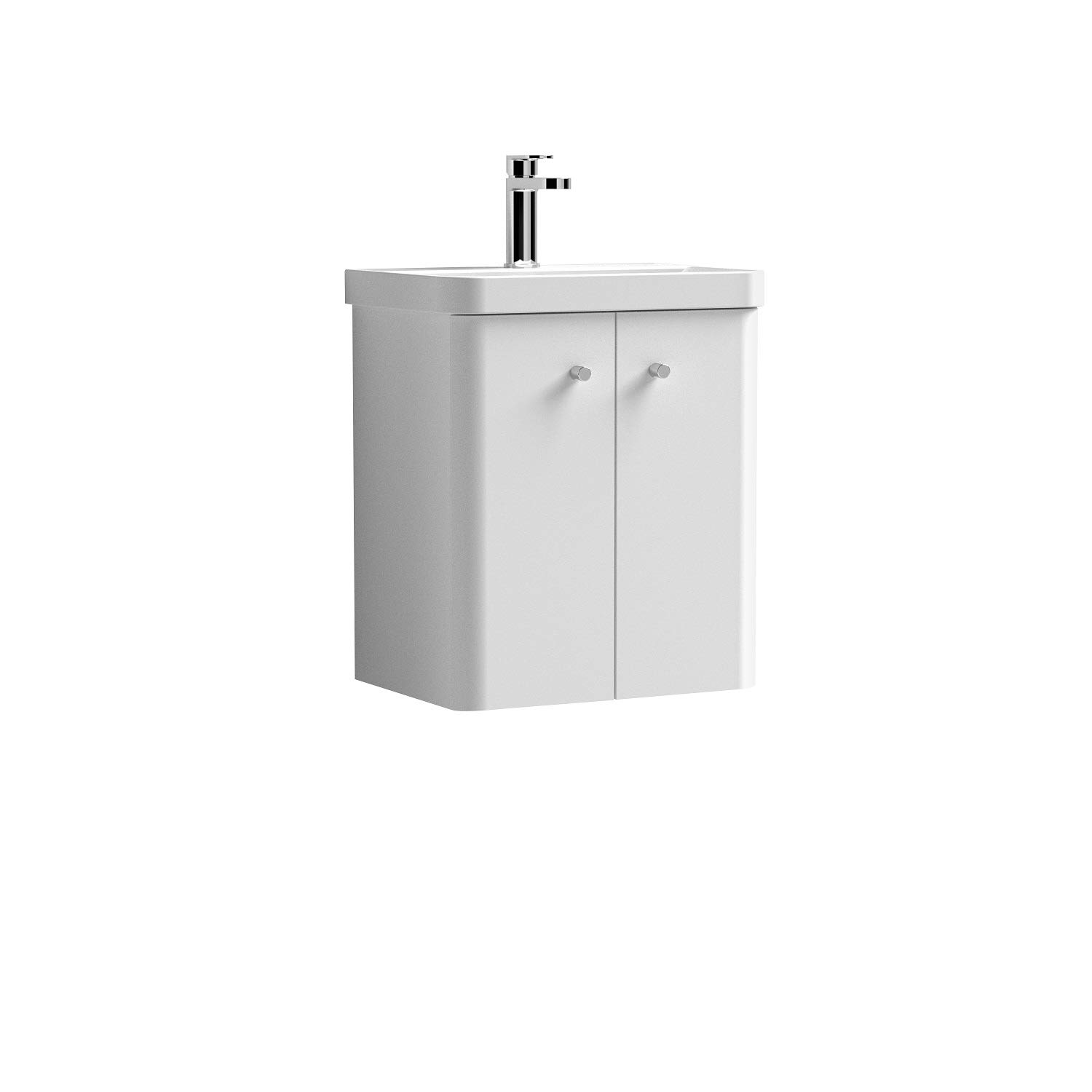 Nuie COR103 Core Modern Bathroom Wall Hung 2 Door Vanity Unit and 1 Tap Hole Ceramic Basin, 589 x 505 x 355mm, Gloss White