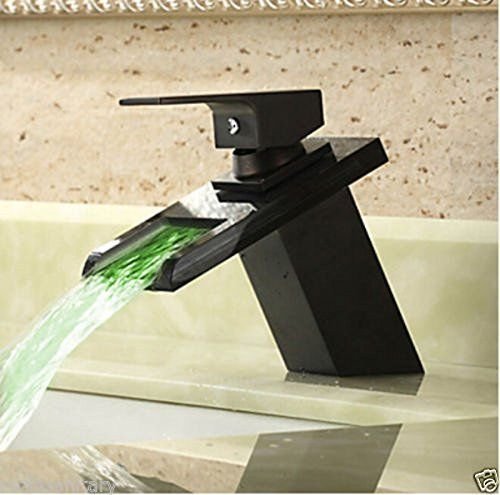 Modern bathroom basin faucet Copper and dark bronze wash basin LED waterfall basin single hole lavatory faucet hot and cold temperature three color