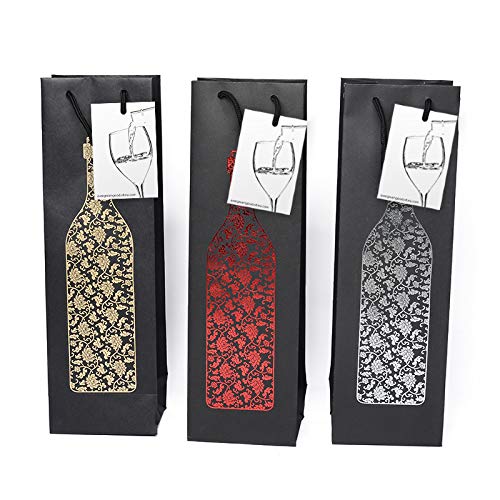 EVG 6 Pack Black Wine Gift Bags with Gift Tag and Handles | Floral Bottle Design | Bottle Carrier | H: 39 cm x W: 12 cm x D: 9 cm