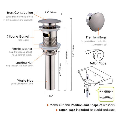 Orhemus Brass Pop Up Sink Drain Stopper with Overflow Cap Cover Kit, Push and Seal Assembly for Bathroom Faucet Vessel Vanity Basin, Brushed Nickel Finish - Thumbnail 5