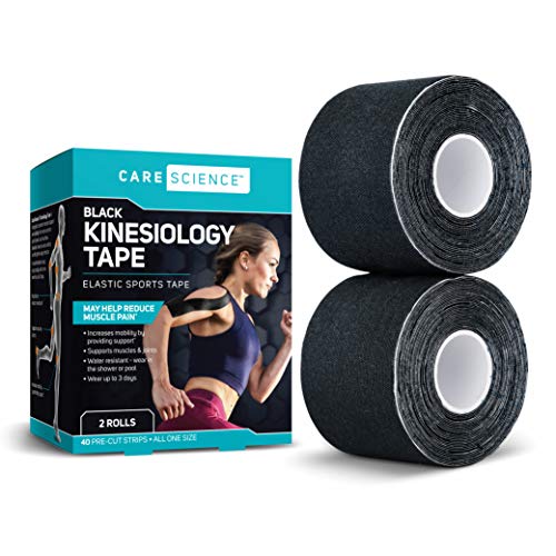 Care Science Waterproof Kinesiology Tape, 40 ct Precut Strips (2 Rolls), Black Elastic Sports