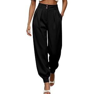 Stretchy Work Pants for Women Clean-Look Plain Solid Trousers | Two-Button High Rise Waist, Tapered Jogger Cuffs, Wrinkle-Res