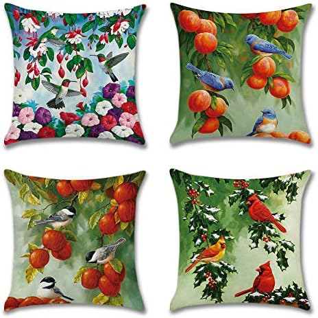 Artscope Pack of 4 Decorative Soft Cotton Linen Cushion Covers 45 x 45 cm Square Throw Pillow Covers Pillowcases for Sofa Couch Living Room (Four Season)