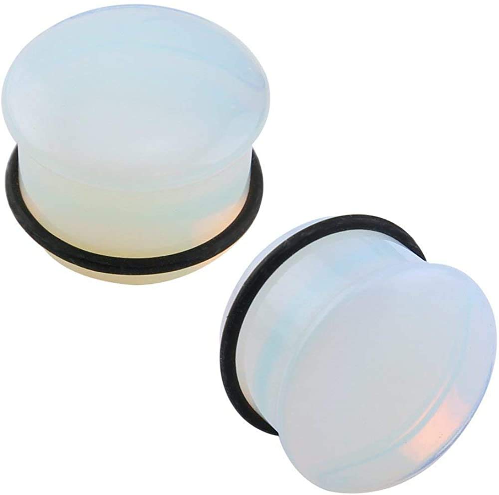 Single Flare Clear Opalite Moonstone Ear Plugs and Tunnels with O-Ring Stretcher Expander Pair (Gauge=33/64"(13mm))