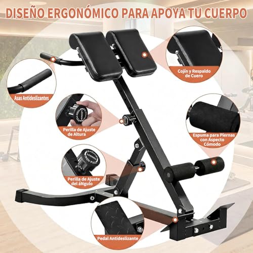 Silla Romana Ajustable, Multifuncional Banco de Hiperextensión para Glúteos, Espalda y Abdominales, Leg Extension Ajustable de Ángulo y Altura para Ejercicio Gimnasio en Casa