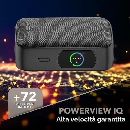 power bank Powerview IQ capacità 10.000 mAh con display TFT intelligente, porta USB-C (input 30 W/output 45 W) e porta USB-A 18 W, ricarica simultanea, finitura tessuto grigio