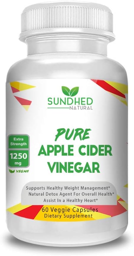 Sundhed Natural Pure Apple Cider Vinegar - 1250mg Natural Detox Cleanse, Appetite Suppressant & Bloating Relief, Supports Blood Sugar & Immune System, Assists Weight Loss and Digestion, Fat Burner