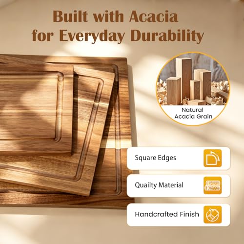 Bierofaro Acacia Wooden Chopping Boards with holder,Cutting Board Set of 3 for Kitchen,Reversible Meat Cutting Board Set with Handle,Butcher Block Wooden Trays for Meat,Fruit Vegetable and Cheese