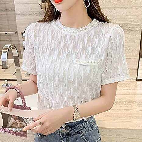 Amazon Co Jp Wxcgbdx Tシャツ レディース レディース半袖シャツトップス基本カジュアルレディースシャツファッションプリーツ服tシャツoネック Color White Size Small 服 ファッション小物
