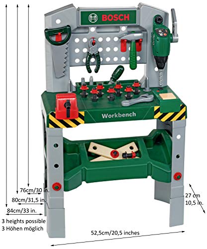 Theo Klein 8637 Bosch Werkbank 48-teilig|Höhenverstellbare Füße,|Arbeitsplatte mit vielen Funktionen|Inkl. Hammer, Säge, Rollgabelschlüssel|Maße: 52,5cmx27cmx84cm|Spielzeug für Kinder ab 3 Jahren – Bild 3