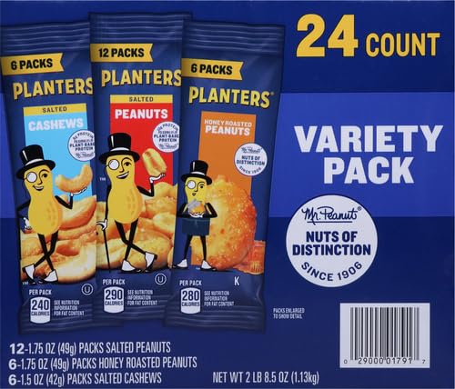 PLANTERS VARIETY PACKS (SALTED CASHEWS, SALTED PEANUTS & HONEY ROASTED PEANUTS), 24 PACKS – INDIVIDUAL BAGS OF ON-THE-GO NUT SNACKS – NO CHOLESTEROL OR TRANS FATS – SOURCE OF FIBER AND HEALTHY FATS