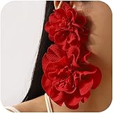 Statement Oversized Red White Double Fabric Flower Dangle Drop Earrings for Women, Charm Boho Floral Dangling Earring Bold Party Prom Vacation Jewelry Gift