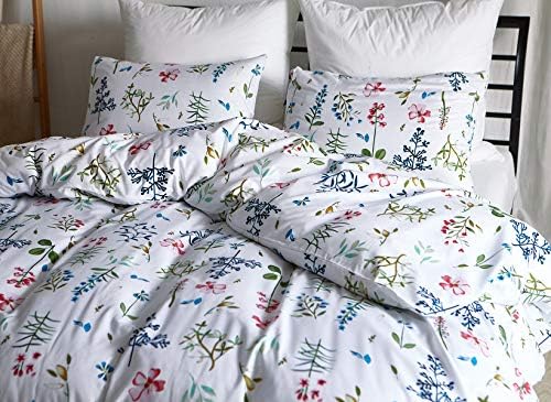 Chanyuan Floral Duvet Cover King Size, Girls Colorful Botanical Flower Leaves Printed on White Bedding, 3 Pcs Soft Microfiber Country Rustic Comforter Cover