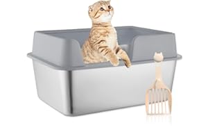 THEYFIRST Large Stainless Steel Litter Box with Lid, 19.5" x 13.6" x 9.1" Metal Litter Box with High Sides, Anti-Leakage Easy Clean Litter Box for Big Cats, Open Top Low Entry Litter Box for Senior Cats(Grey)