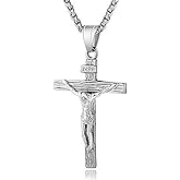 Reizteko Stainless Steel Antique Cross Crucifix Pendant Jesus Necklace For Men 24 Inch (Silver)