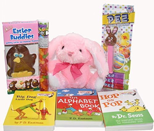 Fun Easter Gift for Toddlers with Dr. Seuss Board Books, Plush Bunny, Chocolate Bunny, Pez, and Mike &amp; Ike (Pink Bunny)
