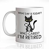 LAGZDFC What Day Is Today Who Cares Ceramic Coffee Mug for Women Men, Funny Black Cat 11oz Coffee Cup Gifts for Coworker Cat Lover, Retirement Mug Gifts, Present To Retired People