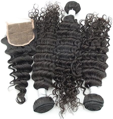 LaNova Beauty Lady's Wholesale Hair Bundle Deep Wave Hair Weft 3pcs 14inch and 1pc Lace Closure (4*4) 12inch Natural Color 4pcs/lot