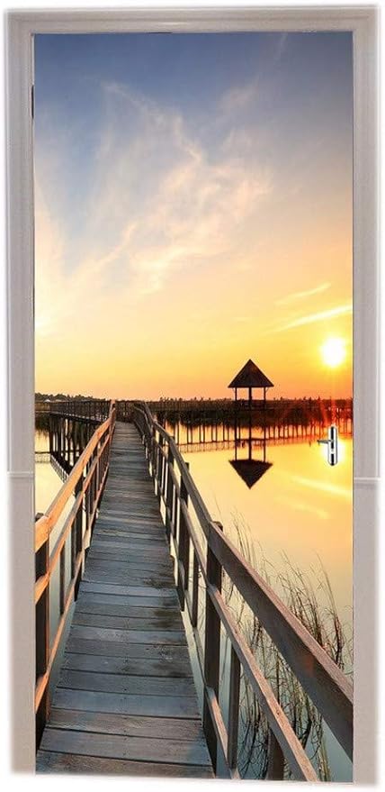 Amonamour Stickers Muraux Tombée De La Nuit Coucher De Soleil Lac Paysages Long Pont En Bois Chemin Chemin Ciel Bleu Imprimer Vinyle Salle Porte