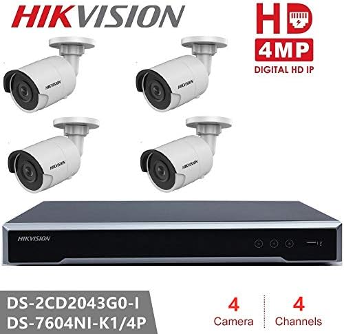Hikvision Newest H.265 4MP CCTV Kits Hikvision NVR DS-7604NI-K1/4P Embedded Plug & Play 4K NVR + DS-2CD2043G0-I 4MP Bullet Security Camera Replace DS-2CD2042WD-I (4Channel + 4Camera, Add 2TB HDD)